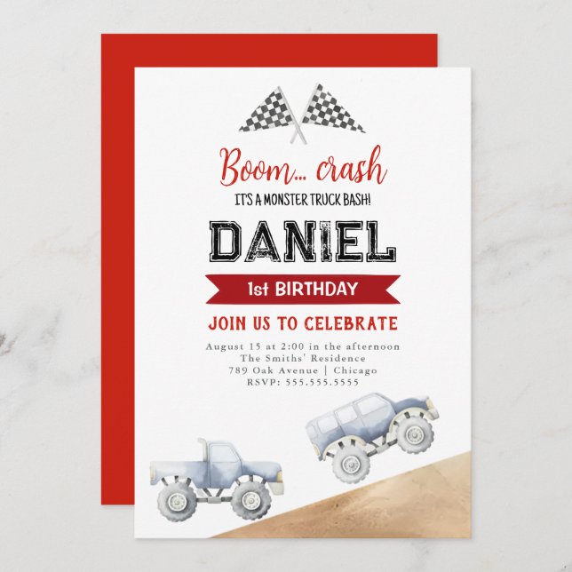 Invitation Watercolor Monster Camion 1er Anniversaire Invitat (Devant / Derrière)