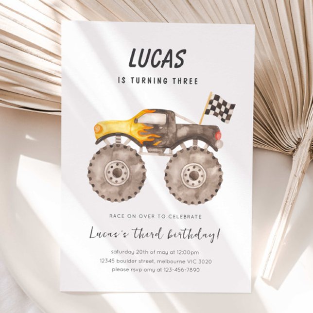 Invitation Watercolor Monster Truck Racing Anniversaire (Créateur téléchargé)