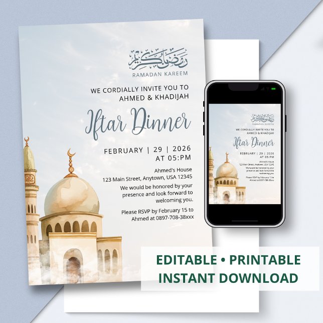 Invitation Watercolor Mosquée Dorée Ramadan Iftar (Créateur téléchargé)