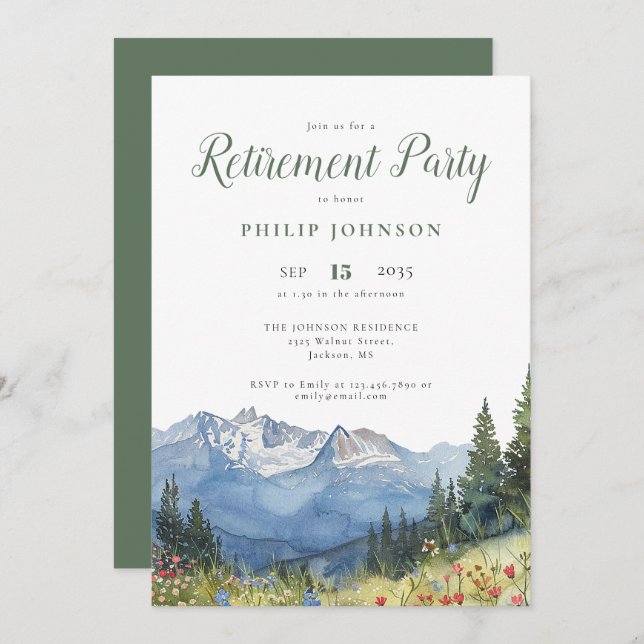 Invitation Watercolor Mountain Fleur sauvage Retraite Party (Devant / Derrière)