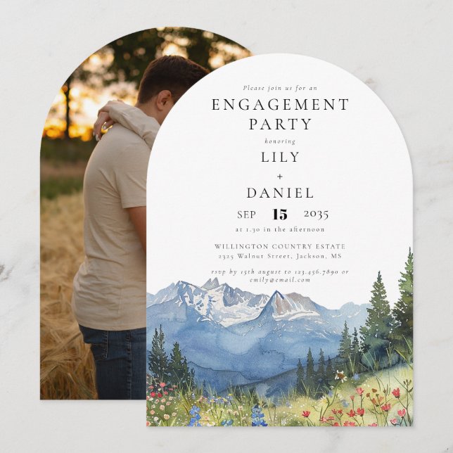 Invitation Watercolor Mountain Flowers Photo Engagement Party (Devant / Derrière)