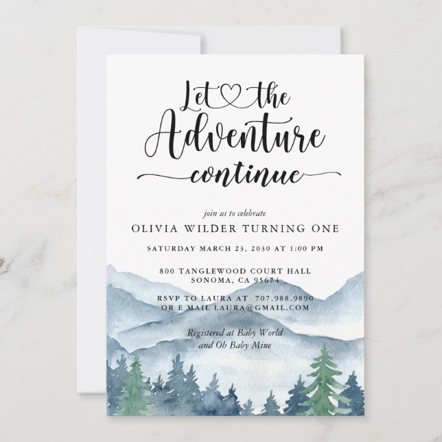 Invitation Watercolor Mountain Forest Girl First Birthday (Devant)