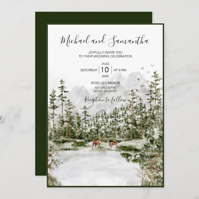 Invitation Watercolor Mountain Forest Mariage rustique (Devant / Derrière)