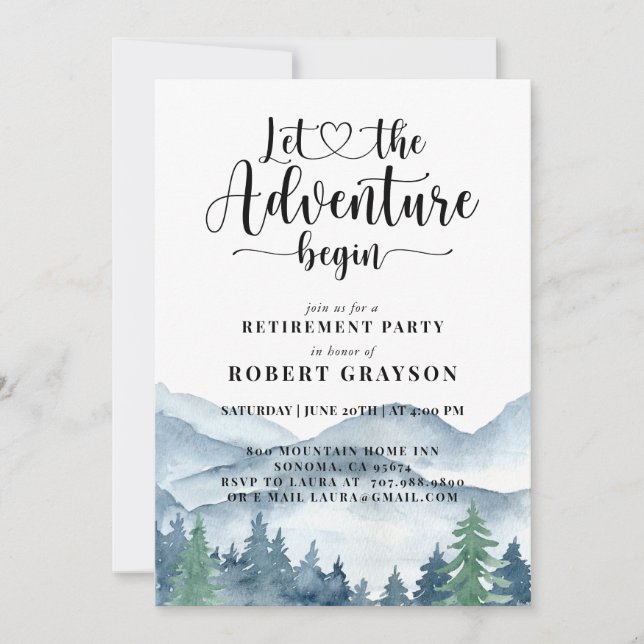 Invitation Watercolor Mountain Forest Retirement Party (Devant)