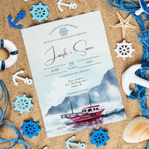 Invitation Watercolor Mountain Glacier Boat Wheel Mariage