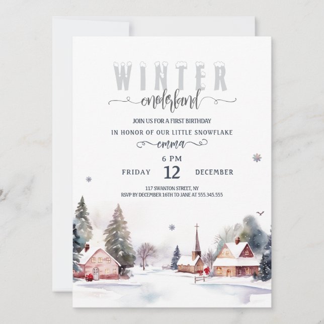 Invitation Watercolor Mountain Winter onederland 1st birthday (Devant)