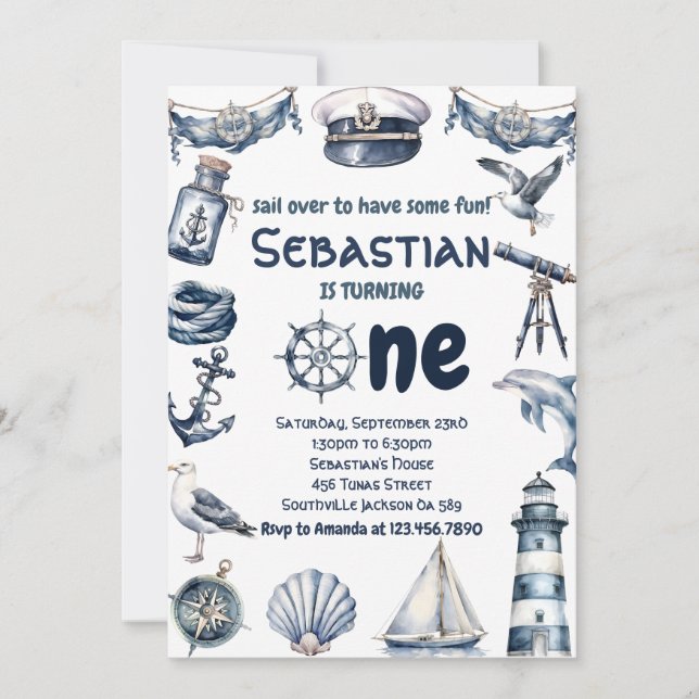 Invitation Watercolor Nautical Sailor Boys 1er anniversaire (Devant)