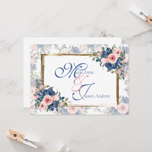 Invitation Watercolor Navy & Blush Mariage (Devant/Arrière en situation)
