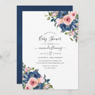 Invitation Watercolor Navy et Blush Floral Baby shower