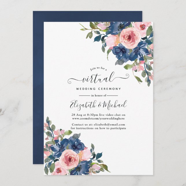 Invitation Watercolor Navy et Blush Floral Mariage virtuel (Devant / Derrière)