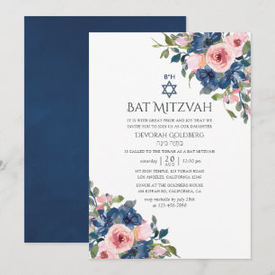 Invitation Watercolor Navy et Blush FlorBat mitzvah