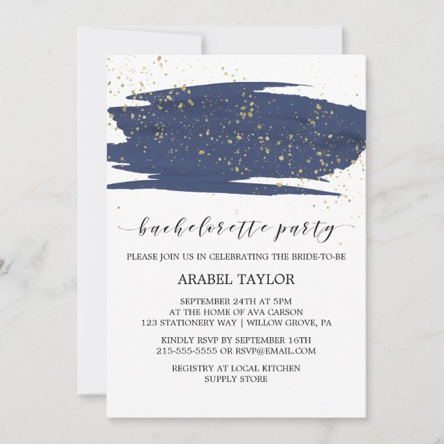 Invitation Watercolor Navy et Gold Bachelorette (Devant)