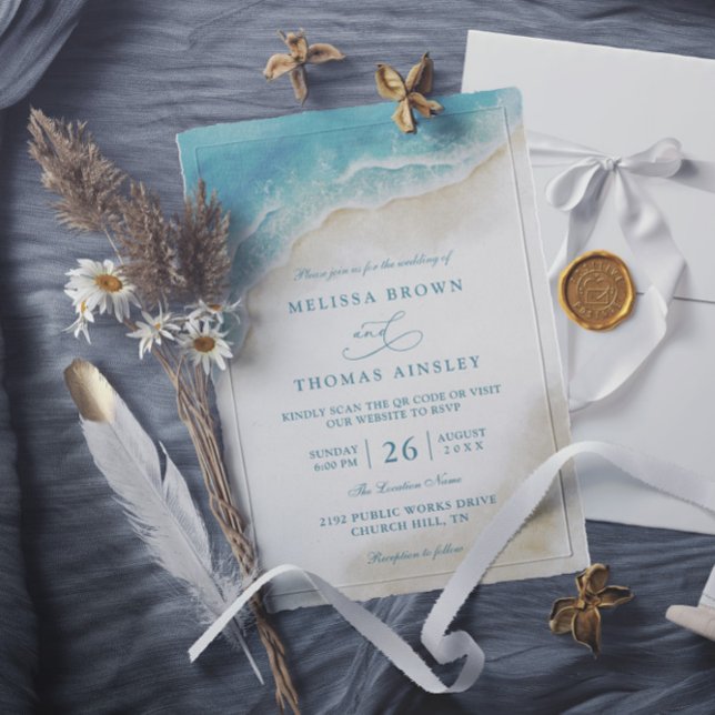 Invitation Watercolor Ocean Beach Coastal QR Code Wedding (Créateur téléchargé)
