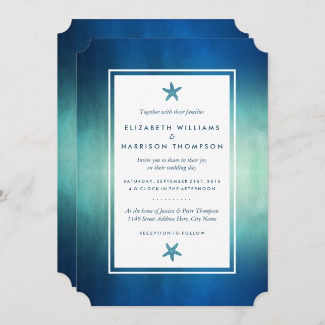 Invitation Watercolor Ocean Starfish Beach Wedding (Devant / Derrière)