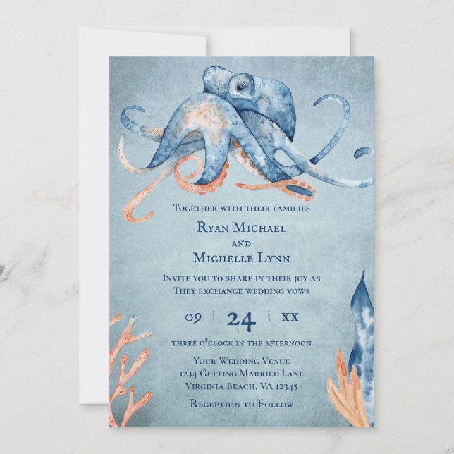 Invitation Watercolor Octopus All In One Beach Wedding (Devant)