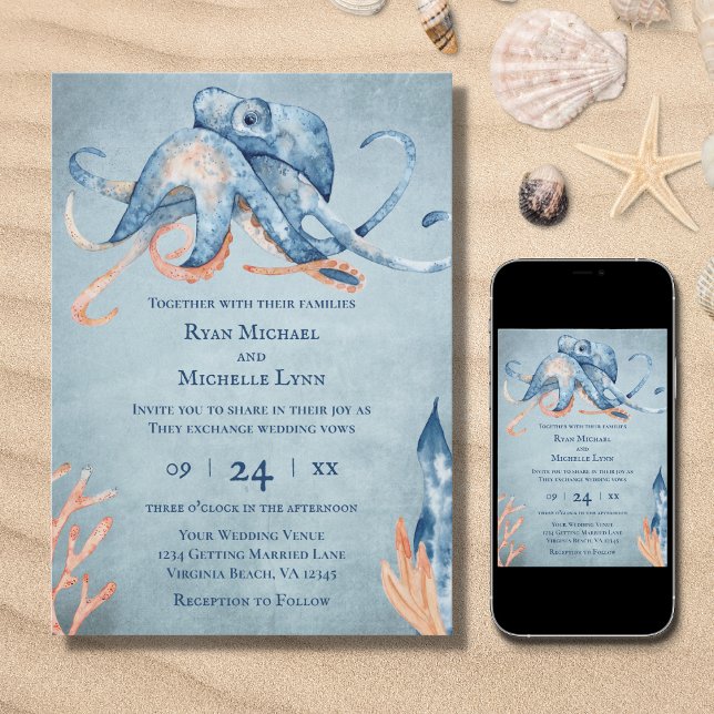Invitation Watercolor Octopus Sea Life Beach Mariage (Créateur téléchargé)