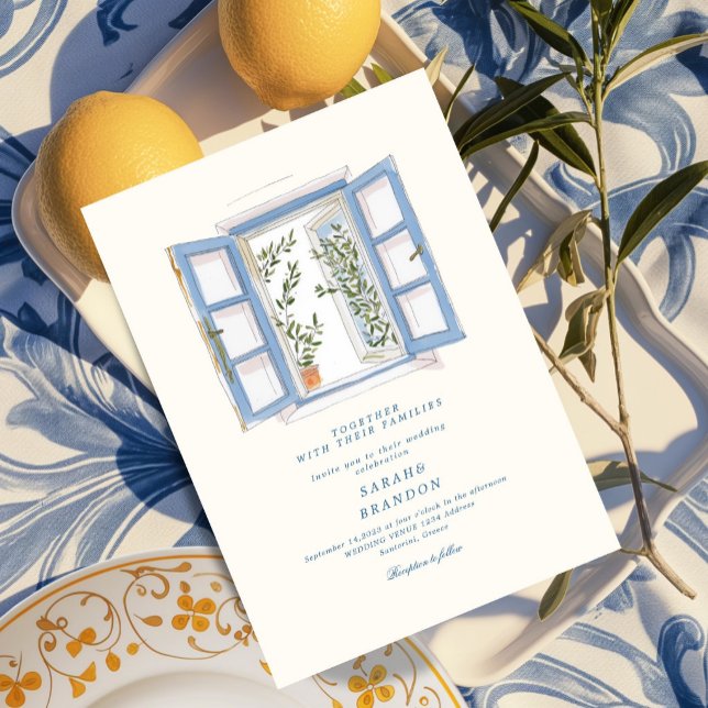 Invitation Watercolor Olive Blue tile Greece Wedding  Invitat (Créateur téléchargé)