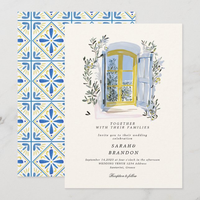 Invitation Watercolor Olive Blue tile Greece Wedding  Invitat (Devant / Derrière)