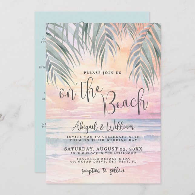 Invitation Watercolor On The Beach Wedding All In One (Devant / Derrière)