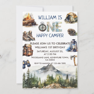 Invitation Watercolor One Happy Camper Woodland 1er anniversa