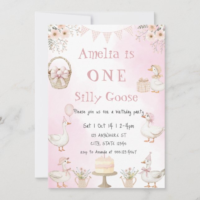 Invitation Watercolor One Silly Goose Pink Gingham Birthday (Devant)