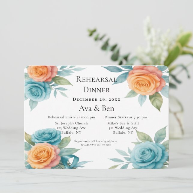 Invitation Watercolor orange and Teal Rehearsal Dinner (Debout devant)