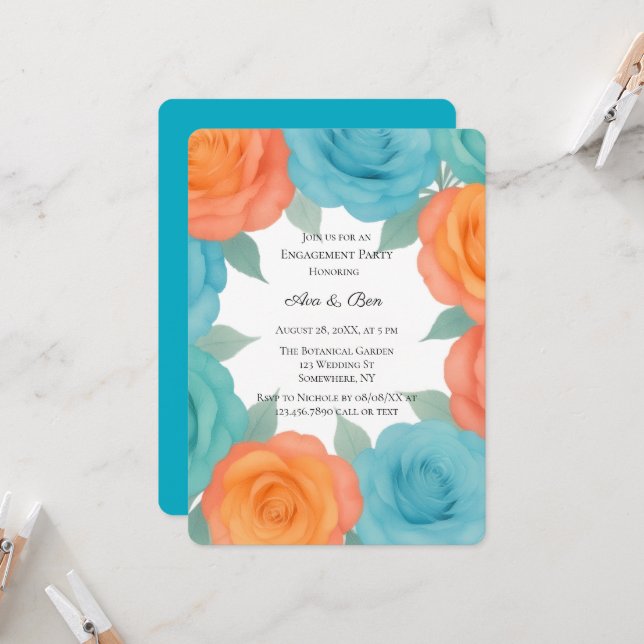 Invitation Watercolor Orange and Teal Roses Engagement Party (Devant/Arrière en situation)