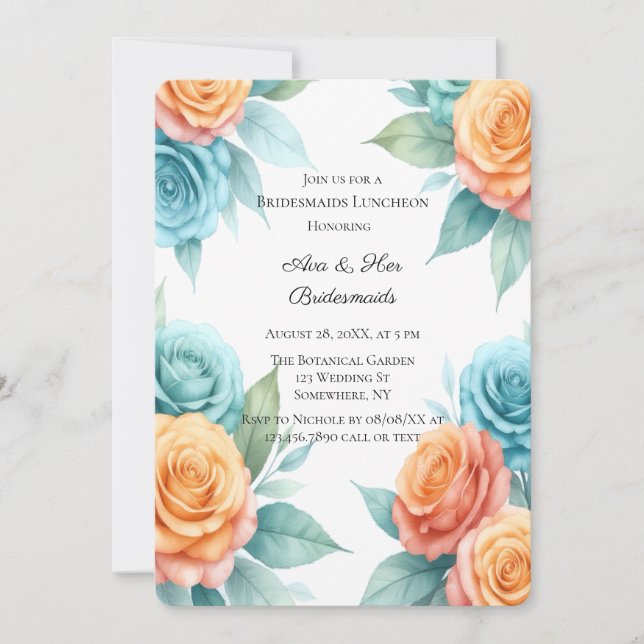 Invitation Watercolor Orange & Teal Roses Bridesmaids Lunch (Devant)