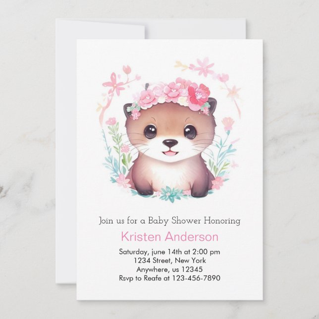 Invitation Watercolor Otter Wonderland Girl Baby shower (Devant)