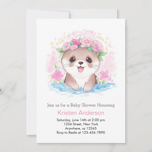 Invitation Watercolor Otter's Charm Girl Baby shower (Devant)