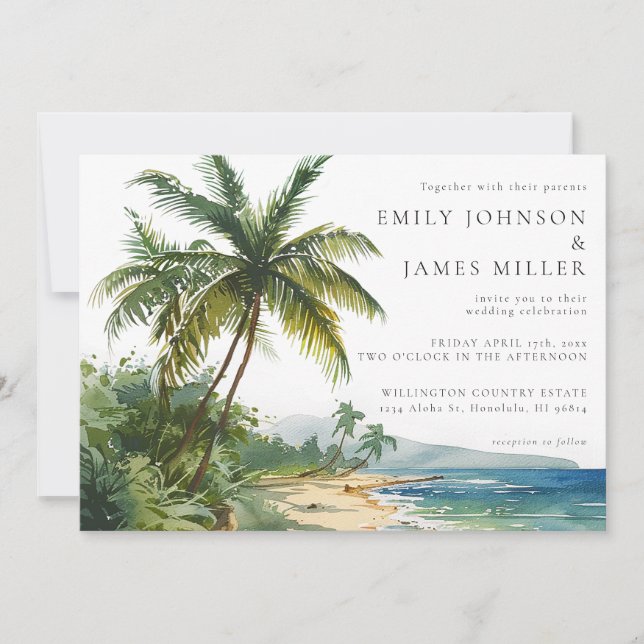 Invitation Watercolor Palm Trees Tropical Beach Wedding (Devant)