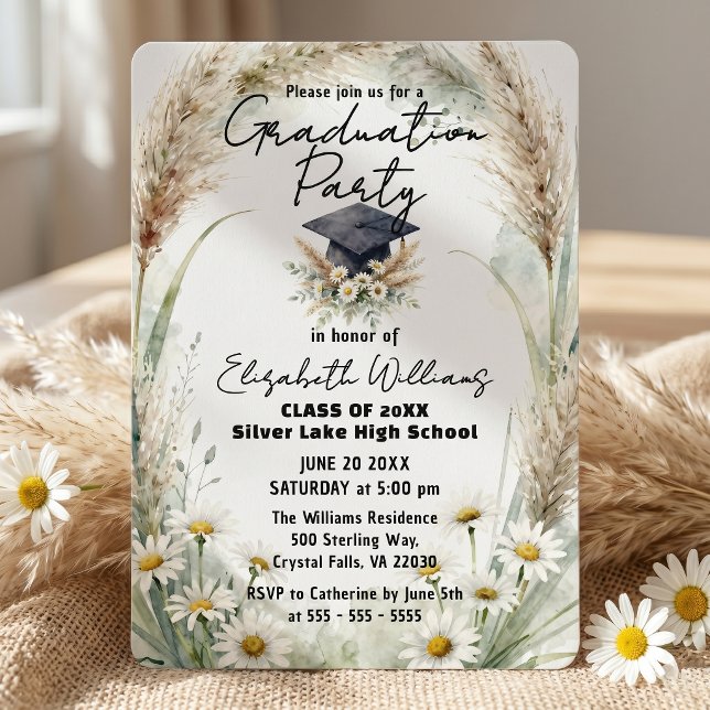 Invitation Watercolor Pampas Grass Daisies Graduation Party (Créateur téléchargé)