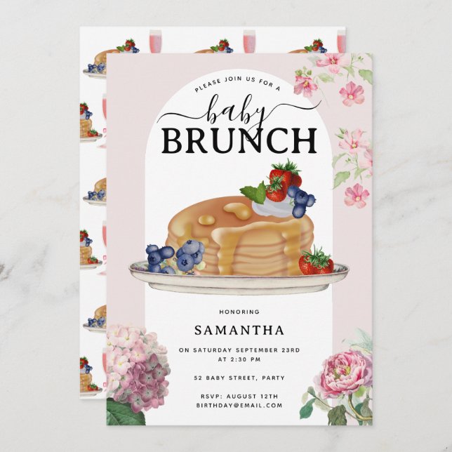 Invitation Watercolor Pancakes Berries Brunch Baby Shower (Devant / Derrière)