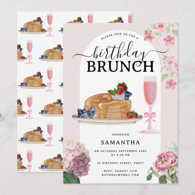 Invitation Watercolor Pancakes Berries Brunch Birthday Party (Devant / Derrière)