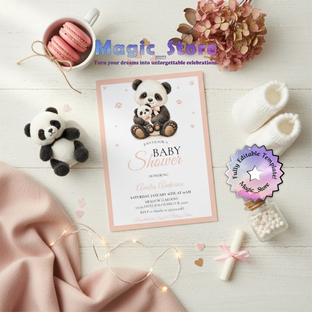 Invitation Watercolor Panda Bear Mommy Cub Pink Paws (Créateur téléchargé)