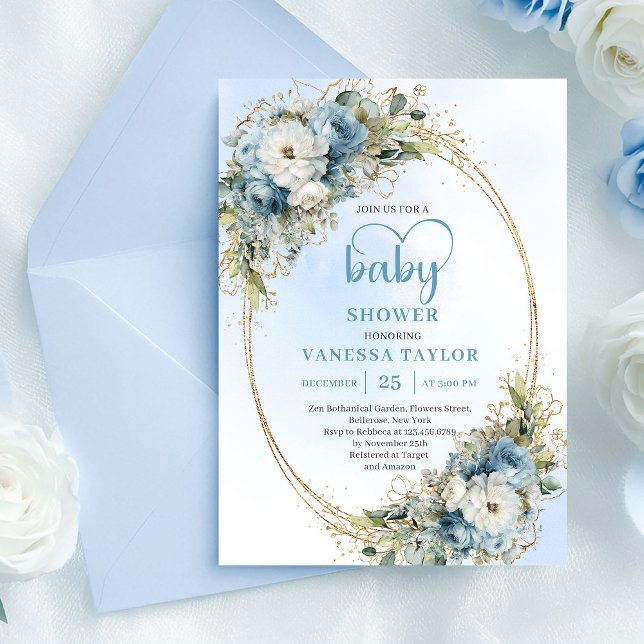 Invitation Watercolor Pastel Blue Floral Baby Shower Invite  (Watercolor Pastel Blue Floral Baby Shower Invite.......)