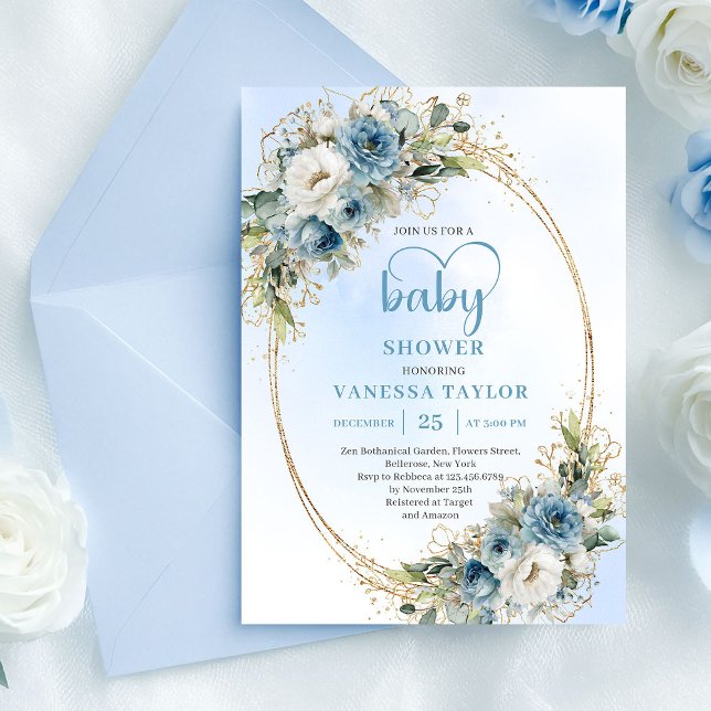 Invitation Watercolor Pastel Blue Floral Gold Baby Shower  (Watercolor Pastel Blue Floral Gold Baby Shower Card

)