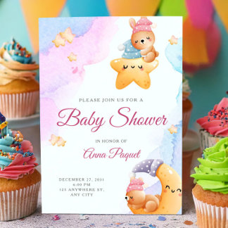 Invitation Watercolor Pastel Cute Teddy Bear Baby Shower