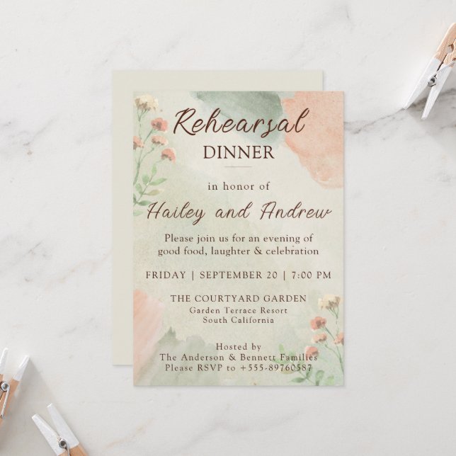 Invitation Watercolor Peach & Green Rehearsal Dinner  (Devant/Arrière en situation)
