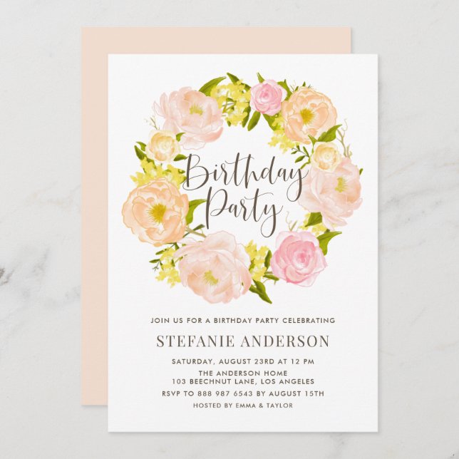 Invitation Watercolor Peach Peony Wreath fête d'anniversaire (Devant / Derrière)