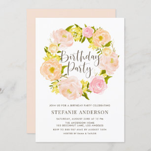Invitation Watercolor Peach Peony Wreath fête d'anniversaire