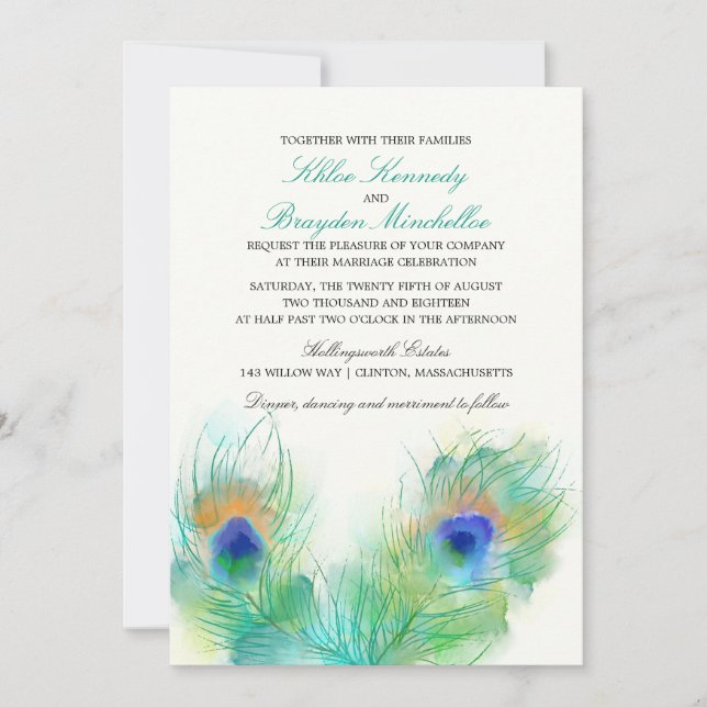 Invitation Watercolor Peacock Feather Wedding (Devant)