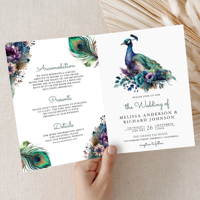 Invitation Watercolor Peacock Floral Feather QR Code Wedding (Créateur téléchargé)