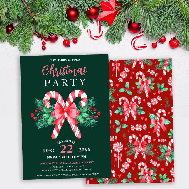 Invitation Watercolor Peppermenthe Sucre de canne Noël (Watercolor Peppermint Candy Cane Christmas Party Invitation)