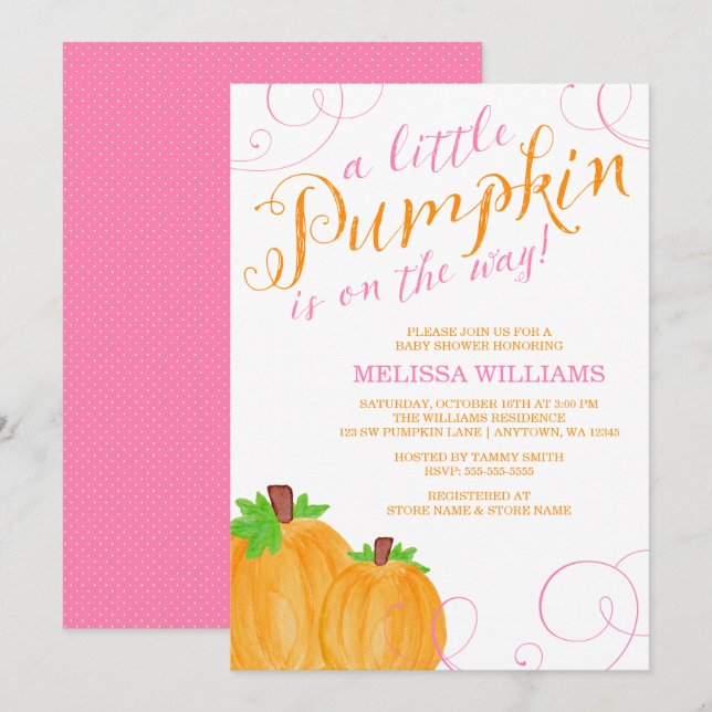 Invitation Watercolor Petit Citrouille Fall Girl Baby shower (Devant / Derrière)