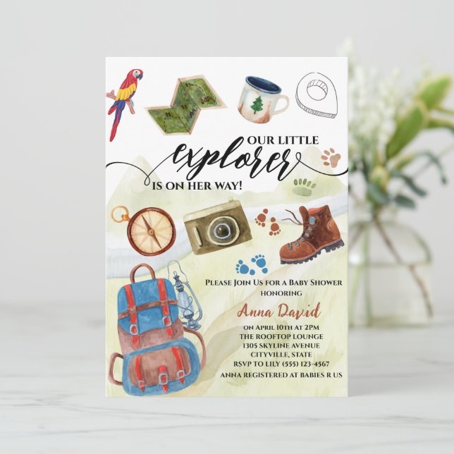 Invitation watercolor petit explorateur baby shower d'aventur (Debout devant)