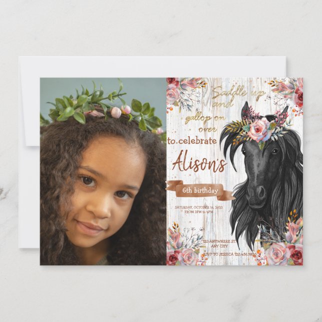 Invitation Watercolor Photo cheval d'anniversaire cowgirl (Devant)