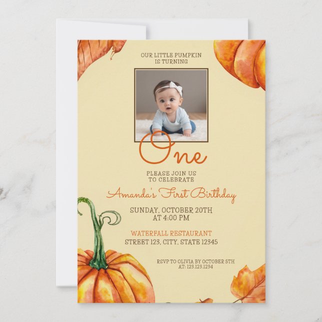 Invitation Watercolor Photo Citrouille Baby 1er anniversaire (Devant)