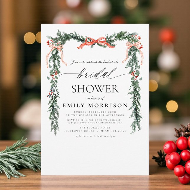 Invitation Watercolor Pine Bow Christmas Bridal Shower (Créateur téléchargé)