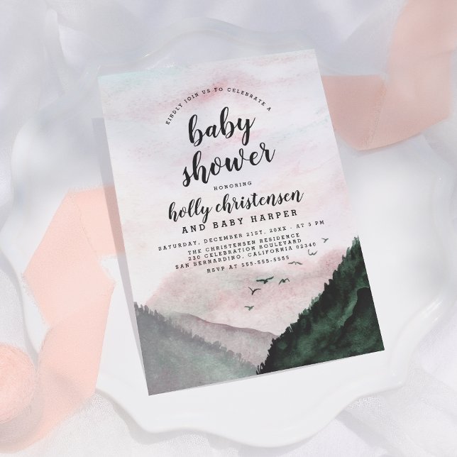 Invitation Watercolor Pine Forest & Mountains Baby shower (Créateur téléchargé)